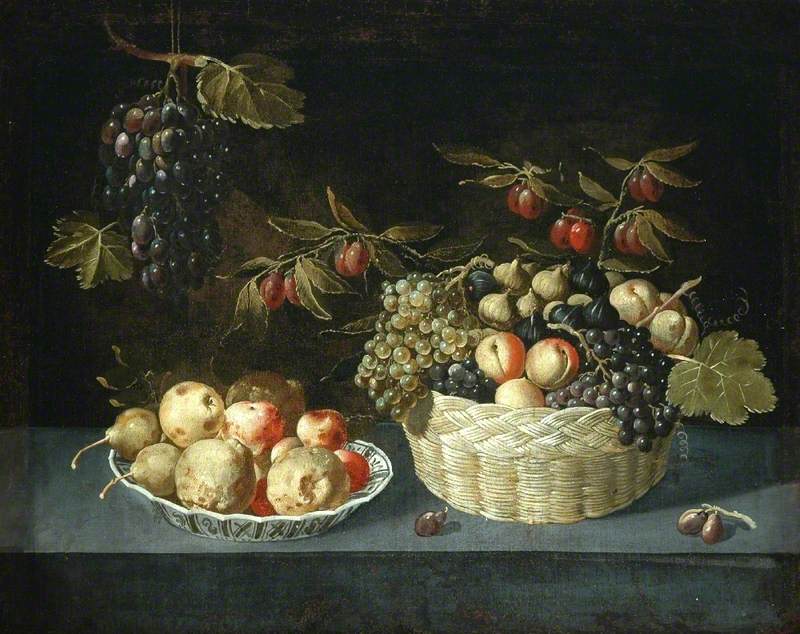 Nature morte avec un panier et une coupe de fruits sur un rebord - Juan van der Hamen