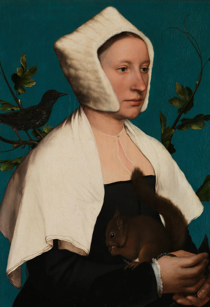Eine Dame mit einem Eichhörnchen und einer Star, (Anne Lovell?) - Hans Holbein der Jüngere