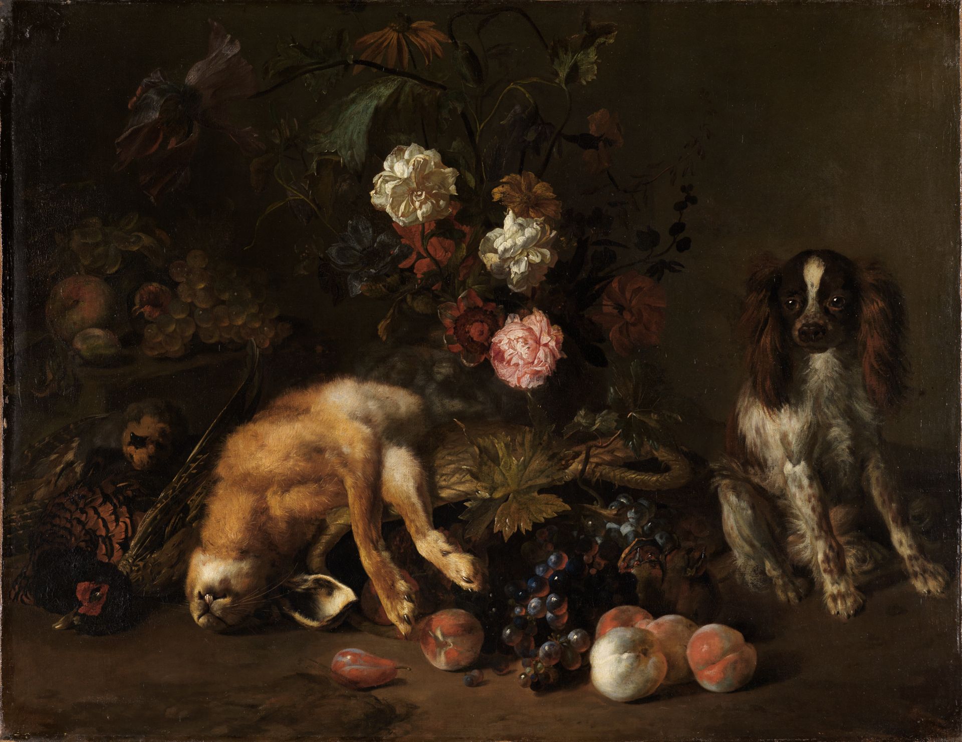 Nature morte avec fleurs, lièvre mort et épagneul - Nicolas de Largillière