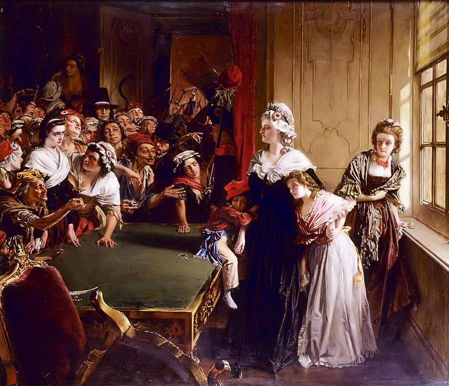 Marie-Antoinette mit ihren Kindern und Madame Élisabeth vor der Menge im Palais des Tuileries – Dramatische historische Nachstellung