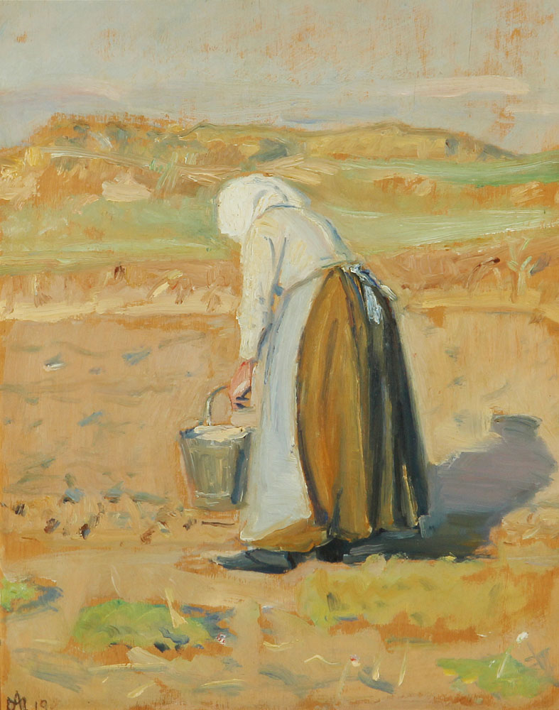 L'épouse d'Ole Markstrøm travaillant sur la plage. - Michael Peter Ancher