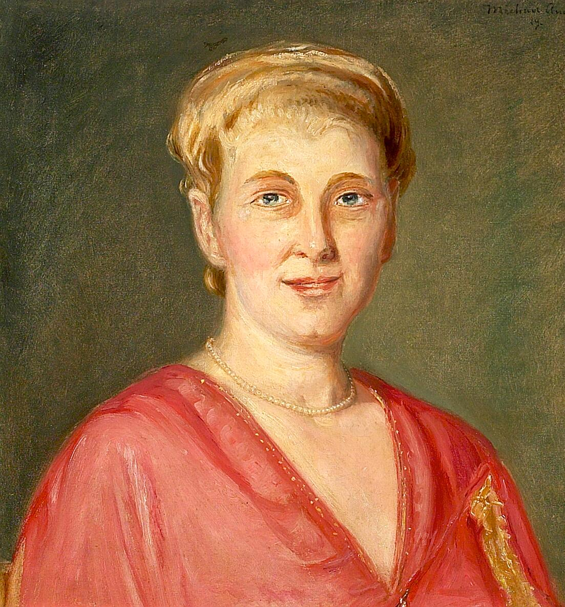 Portrait d'une femme en robe rouge, portant un collier de perles. (2) - Michael Peter Ancher