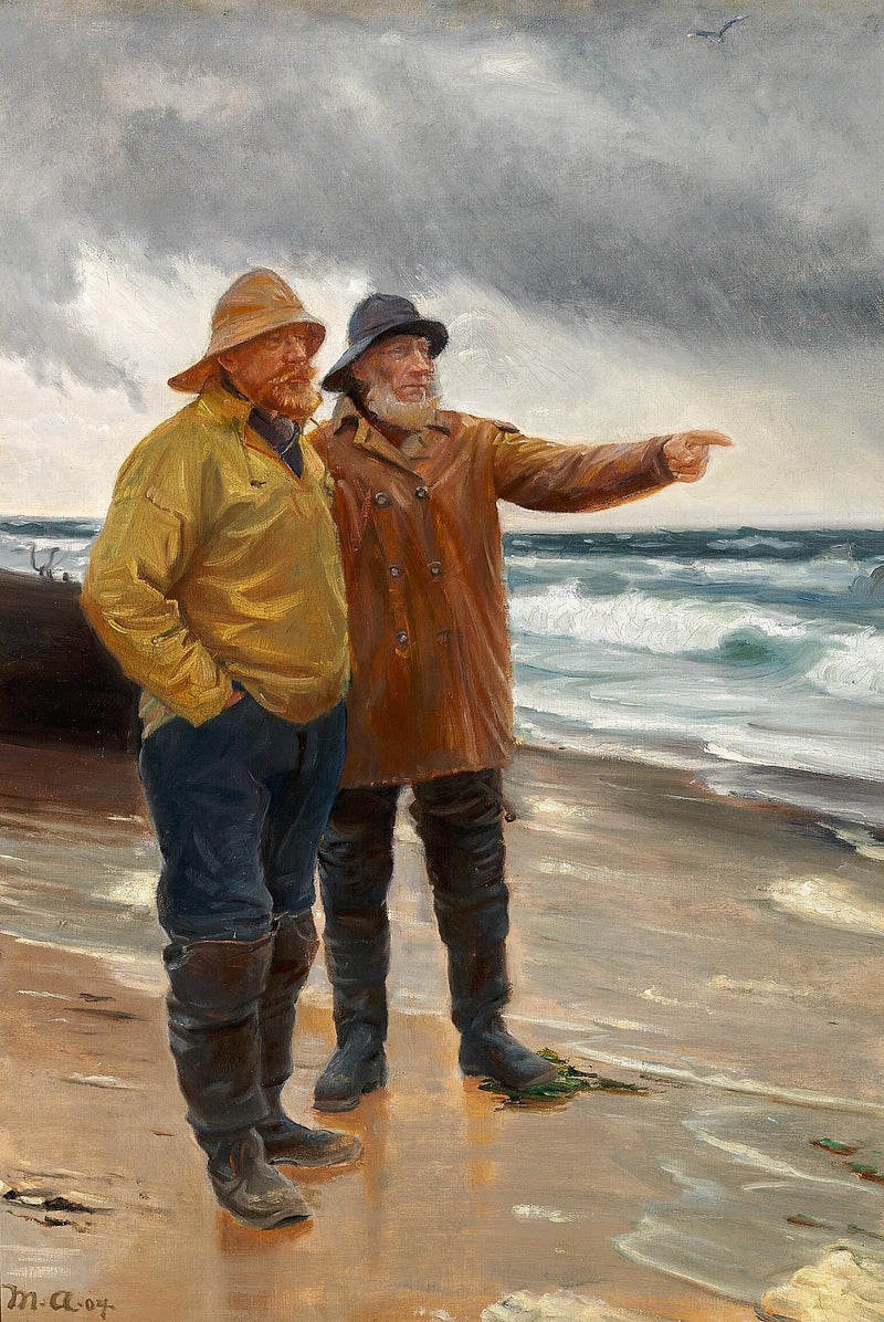 Zwei Fischer am Strand. Einer von ihnen zeigt aufs Meer. – Michael Peter Ancher