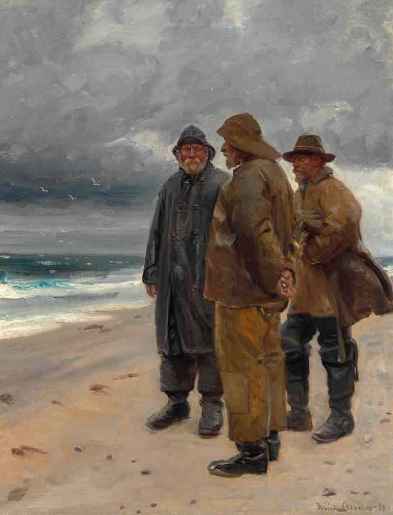 Drei Fischer am Strand von Skagen an einem bewölkten Tag. – Michael Peter Ancher