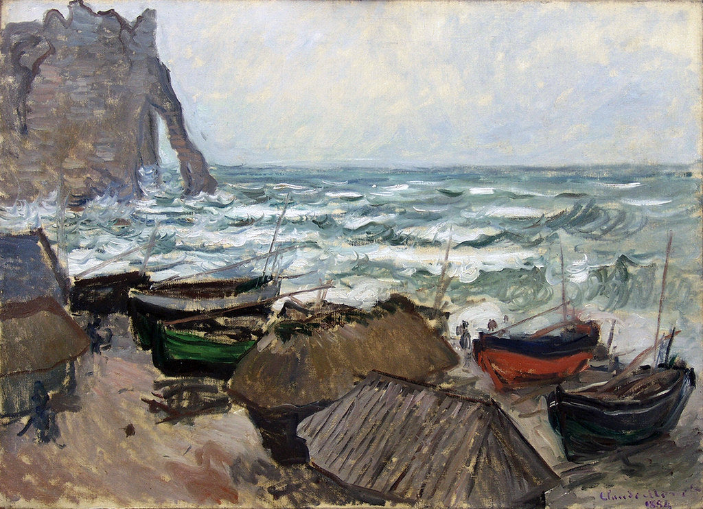 🎨 La Falaise d’Étretat et les Barques – Claude Monet, 1885