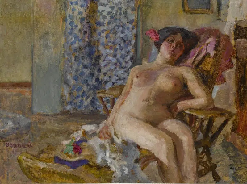 Nackte sitzend, Blumen im Haar (Aktstudie) - Pierre Bonnard