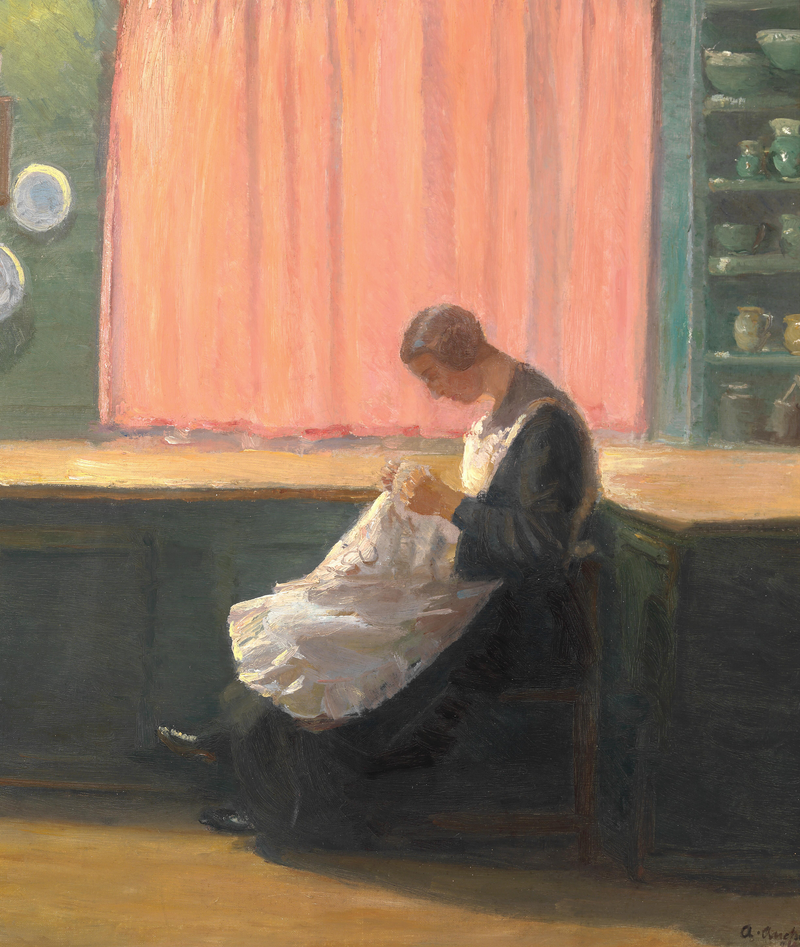 Am Ende des Tages. Junges Mädchen beim Nähen. – Anna Ancher