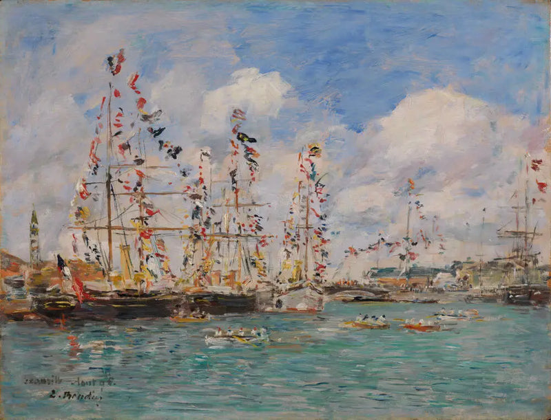 Mit Flaggen dekorierte Boote im Hafen von Deauville - Eugène Boudin
