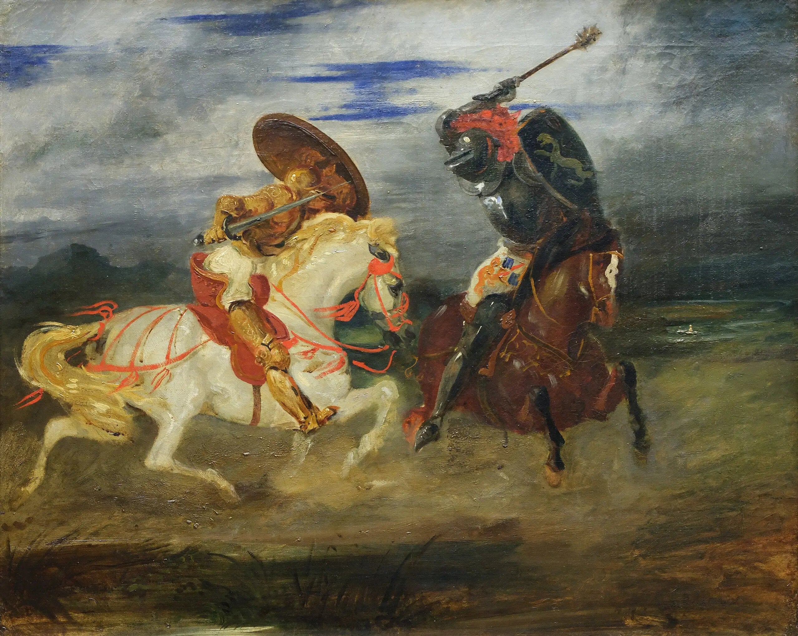 Reproduction du tableau « Combat de chevaliers dans la campagne - Eugène Delacroix » par Alpha Reproduction en peinture à l’huile