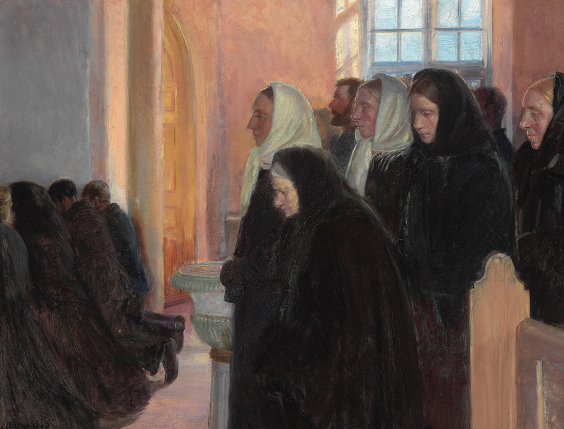 Abendmahl in der Kirche von Skagen. Sonnenlicht fällt durch die Buntglasfenster. – Anna Ancher