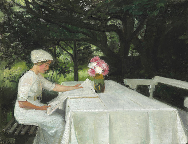 In einem Garten in Skagen. Eine junge Frau liest Zeitung. – Michael Peter Ancher