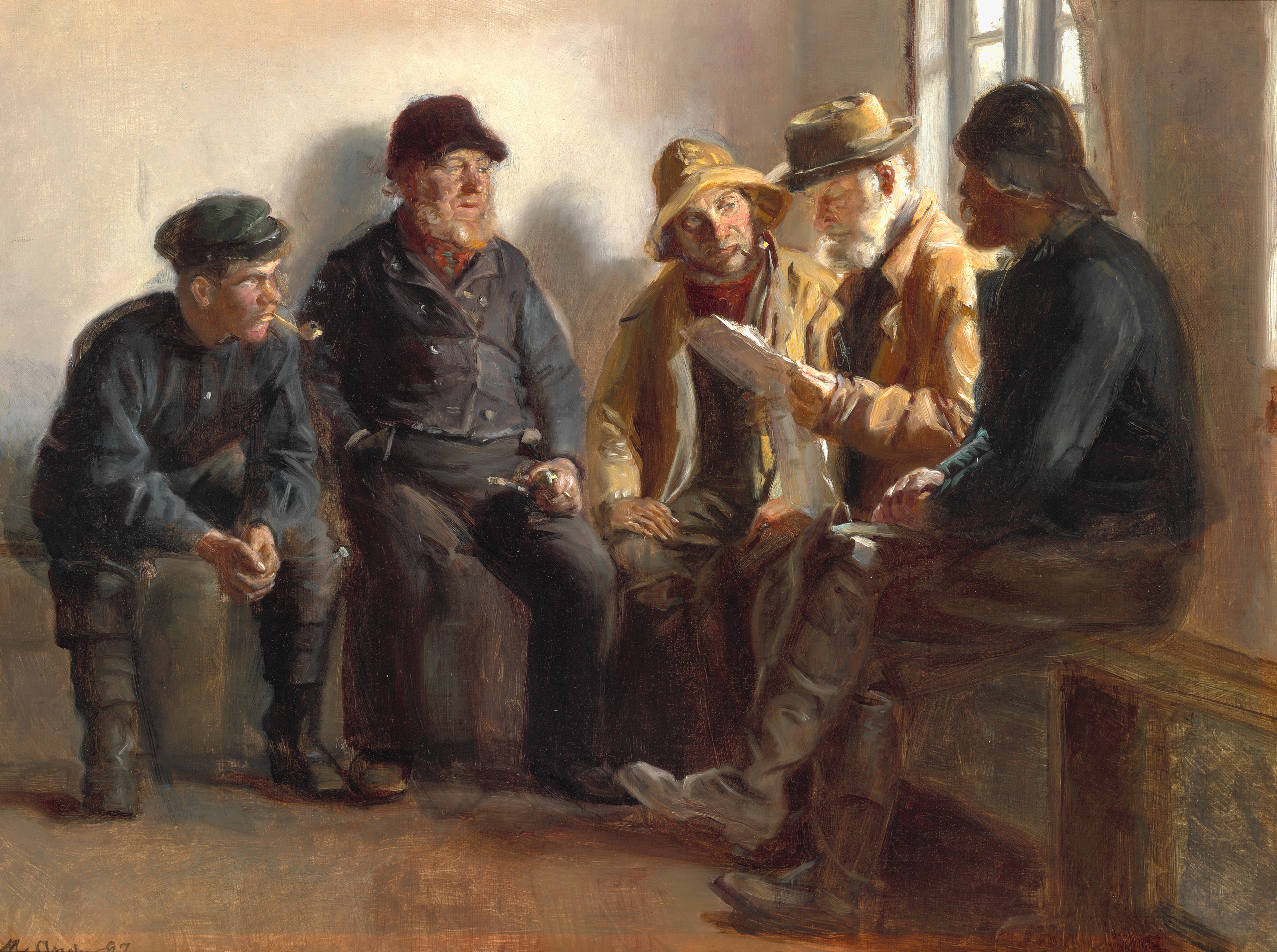 Fischer in einem Lebensmittelgeschäft in Skagen. Seren Kruse liest die Tageszeitung. – Michael Peter Ancher