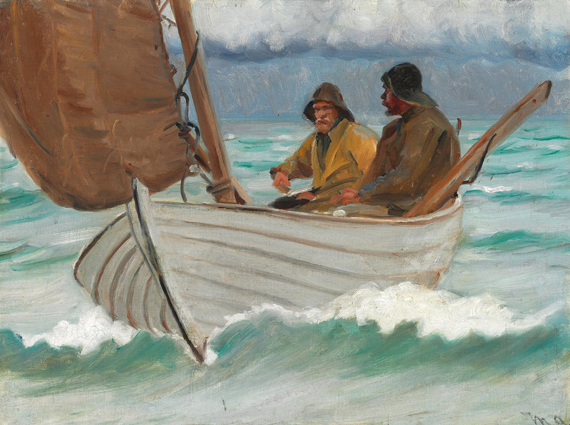 Zwei Fischer aus Skagen an Bord eines Segelboots vor der Küste. – Michael Peter Ancher