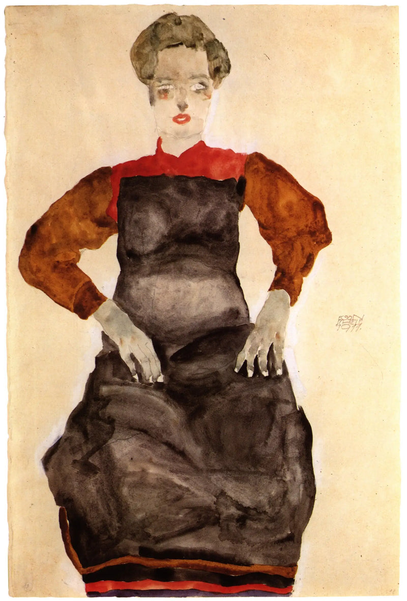 Frau im schwarzen Schürzenkleid - Egon Schiele