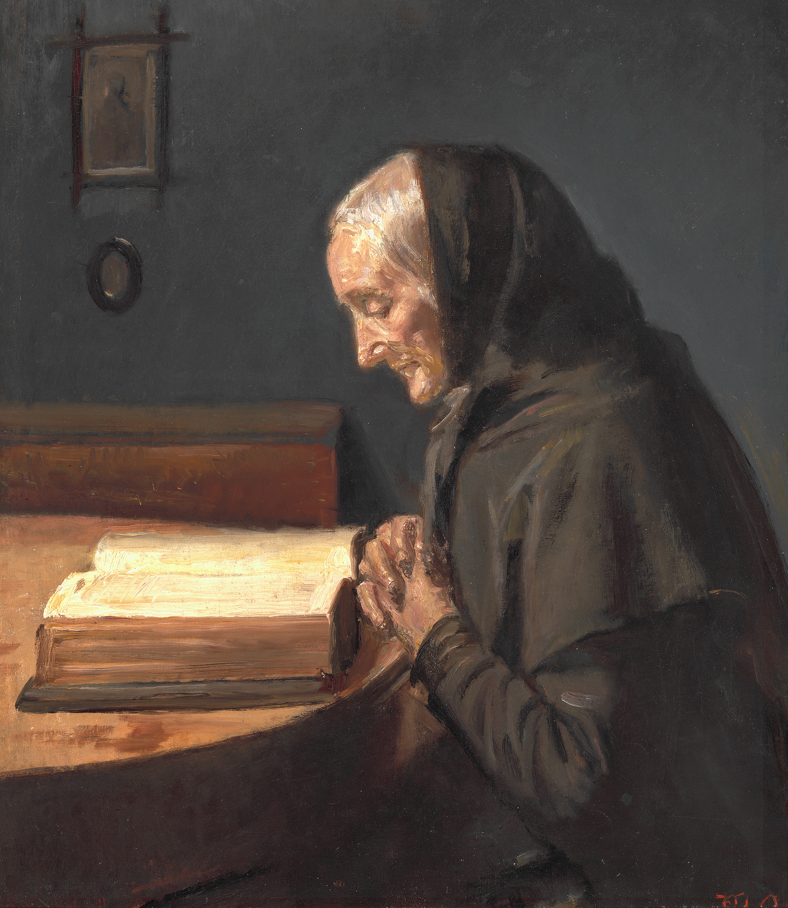Interieur mit Ane Bründum, der Schwiegermutter des Künstlers, im Profil, beim Bibellesen. – Michael Peter Ancher