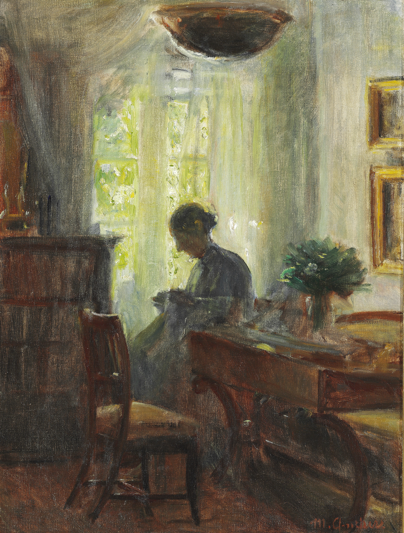Innenansicht des Künstlerhauses. Anna Ancher bei ihrer Stickarbeit – Foto: Michael Peter Ancher