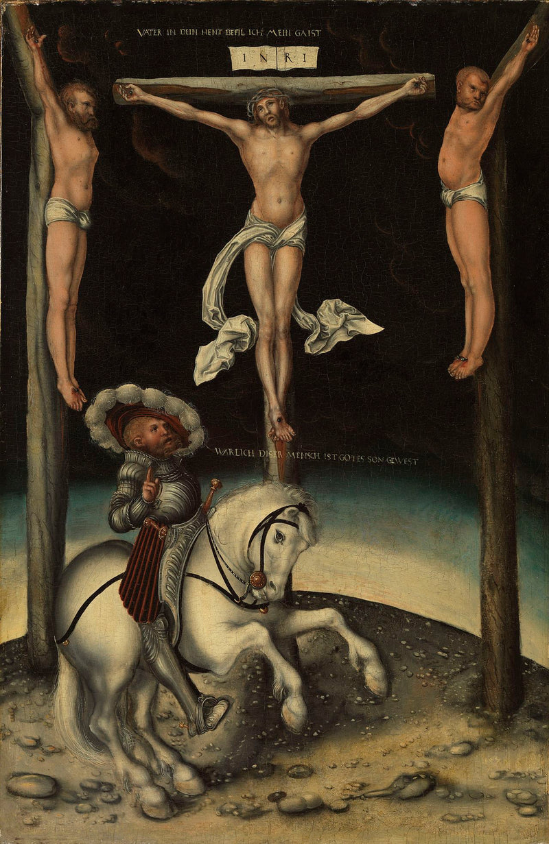 Der Zenturion Longinus unter den Kreuzen Christi und den beiden Schächer - Lucas Cranach der Ältere