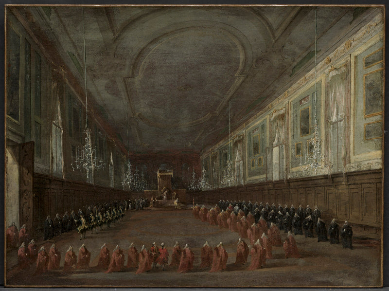 Papst Pius VI. steigt vom Thron, um sich vom Dogen im Saal der Heiligen Johannes und Paulus zu verabschieden, 1782 - Francesco Guardi