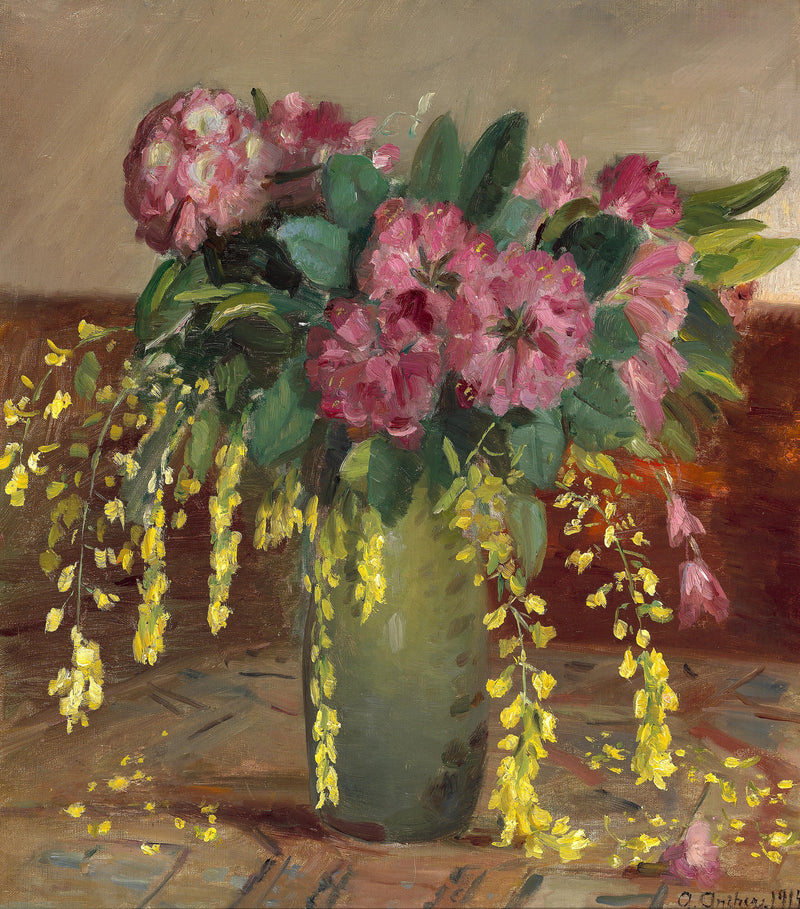 Rosa Rhododendren und Goldregen in einer grünen Vase - Anna Ancher