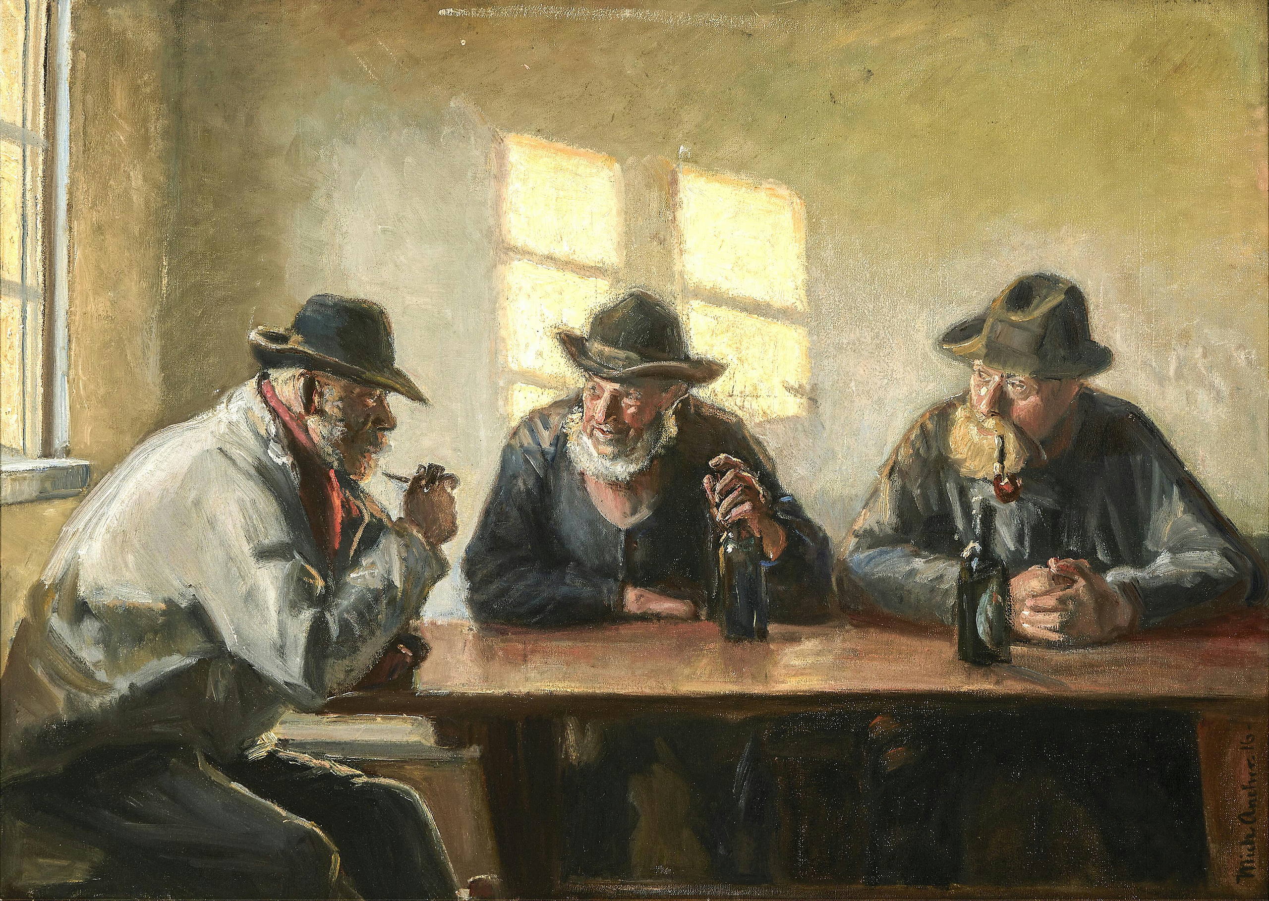 Drei Fischer im Laden in Bründum. (1916). – Michael Peter Ancher