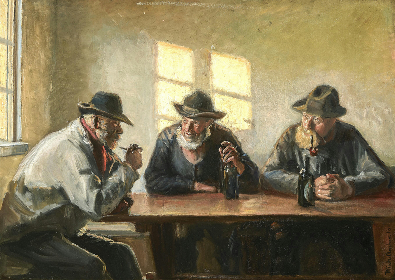 Drei Fischer im Laden in Bründum. (1916). – Michael Peter Ancher