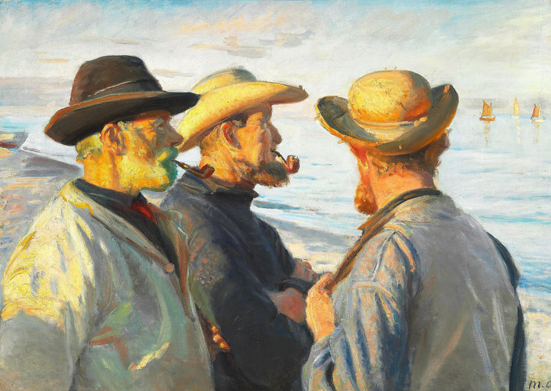 Drei Fischer am Strand von Skagen im Schein der untergehenden Sonne. – Michael Peter Ancher