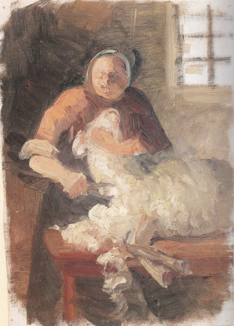 Eine Frau schert ein Schaf – Anna Ancher