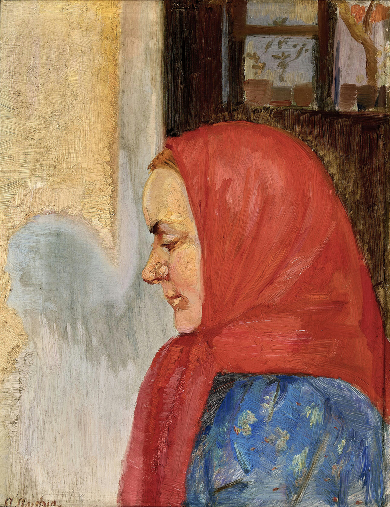 Eine junge Frau aus Skagen mit rotem Schal, im Profil zu sehen. – Anna Ancher