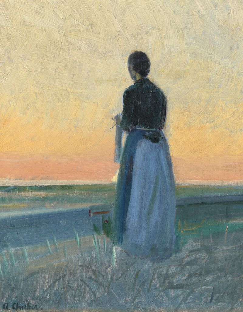 Eine junge Frau strickt im Sonnenuntergang. – Anna Ancher