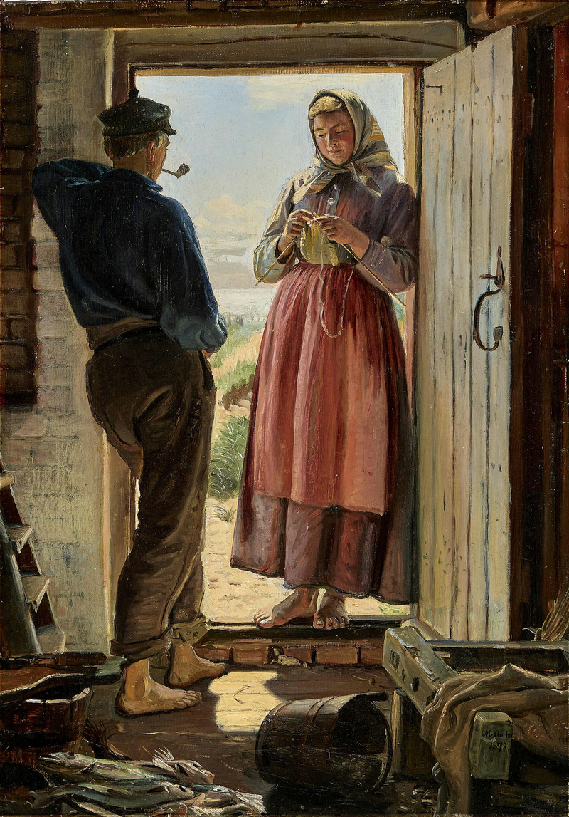 Eine Szene. Ein junger Fischer und eine junge Frau stricken in einem Hauseingang. – Michael Peter Ancher