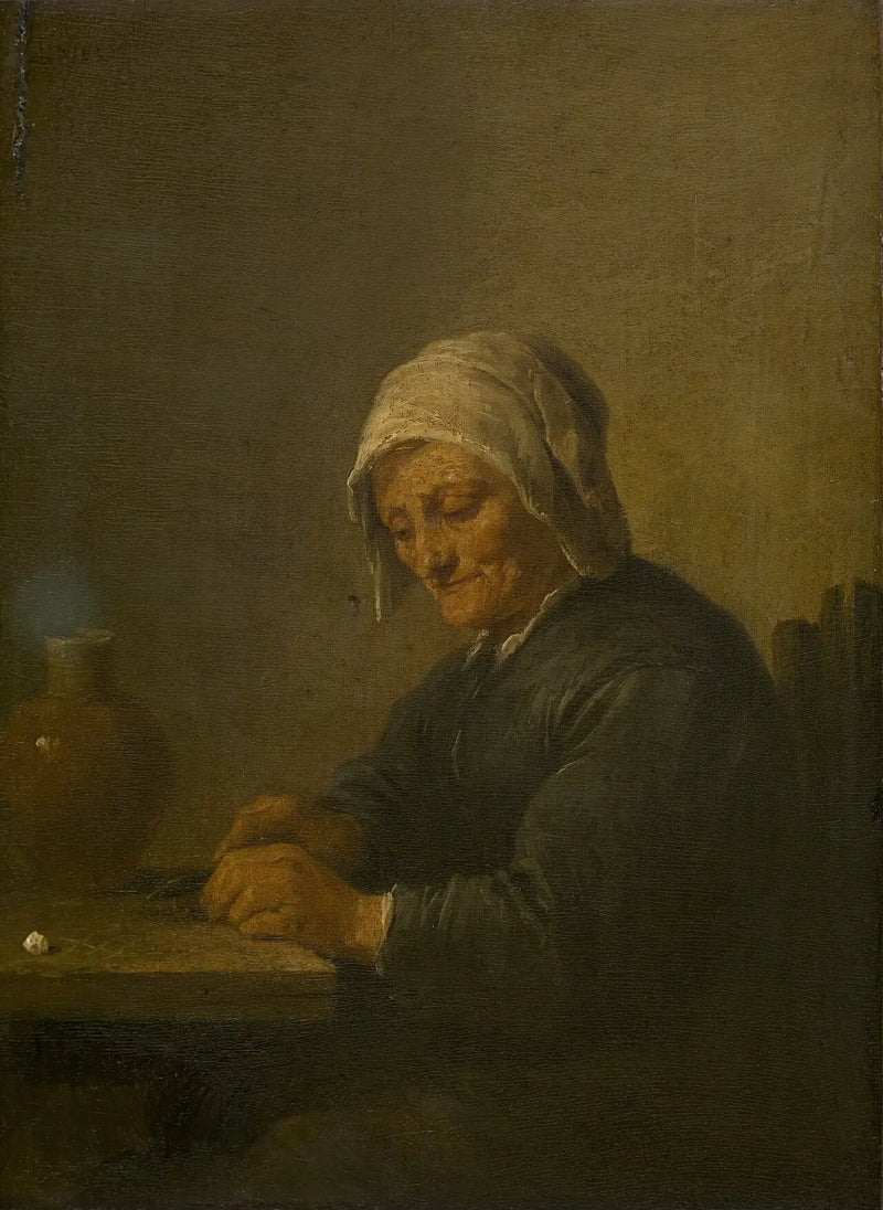 Eine alte Frau schneidet Tabak - David Teniers der Jüngere