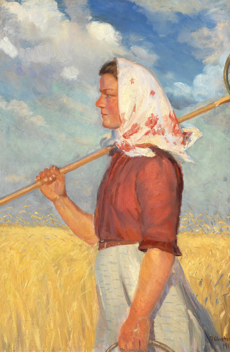 Eine junge Landarbeiterin vor einem Maisfeld – Anna Ancher