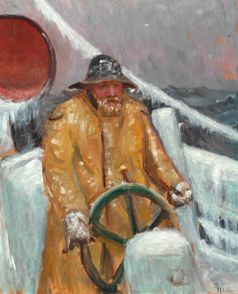 Ein Fischer am Steuer eines eisbedeckten Schiffes. – Michael Peter Ancher