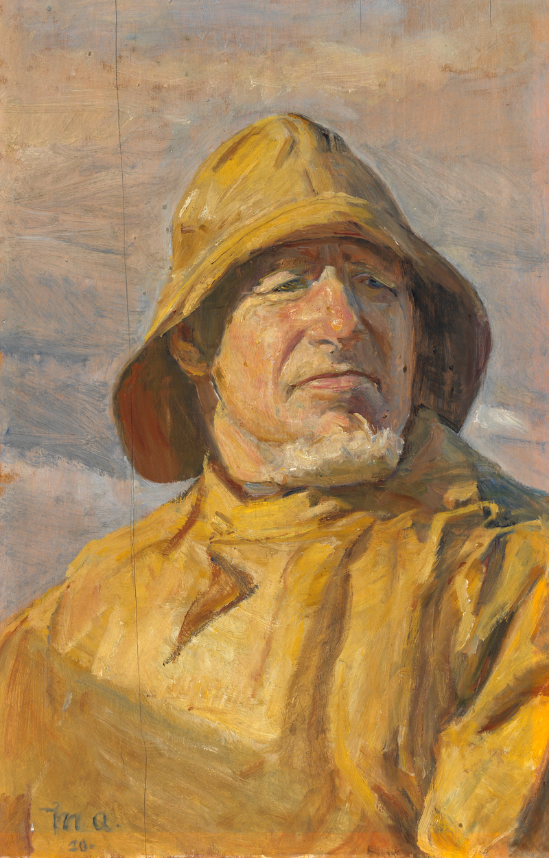Ein Fischer aus Skagen, in gelbe Öljacke und -mantel, blinzelt im hellen Sonnenlicht. – Michael Peter Ancher