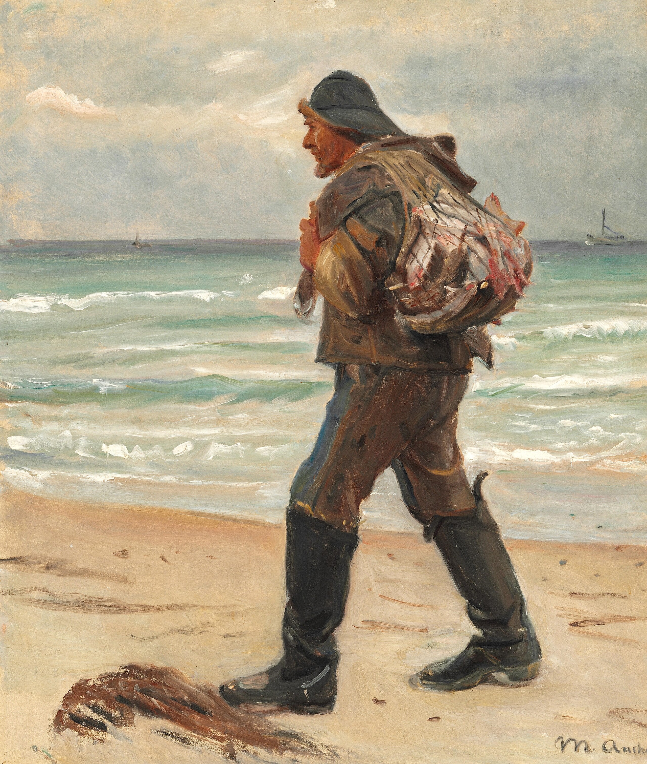 Ein Fischer am Strand von Skagen trägt seinen Tagesfang auf dem Rücken. – Michael Peter Ancher