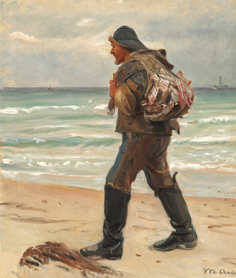 Ein Fischer am Strand von Skagen trägt seinen Tagesfang auf dem Rücken. – Michael Peter Ancher