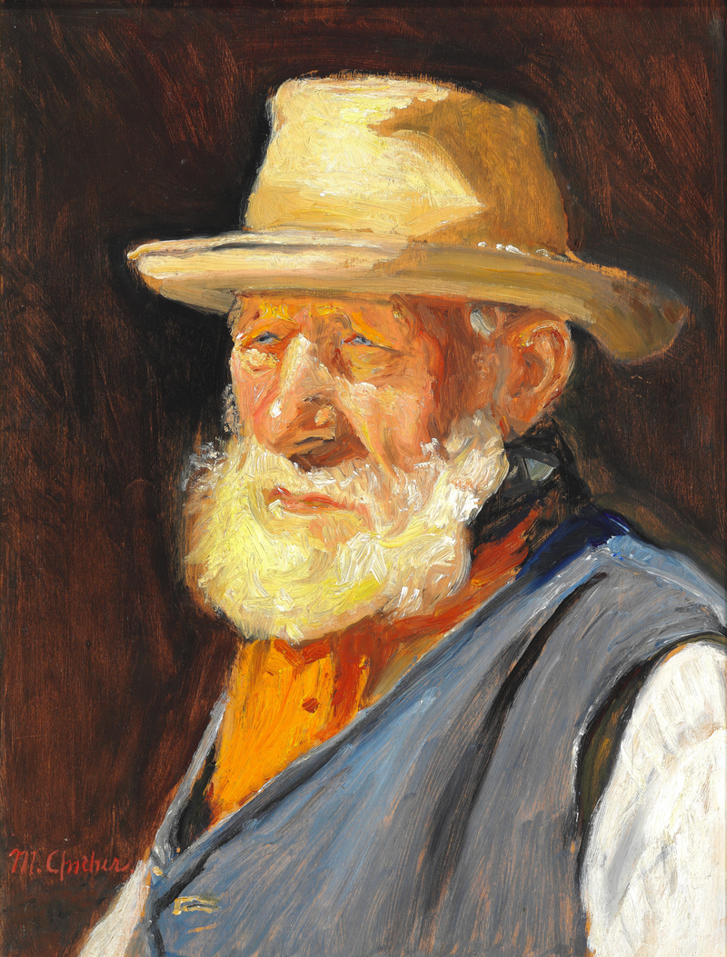 Ein alter Fischer in der Sonne, mit einem leichten Sommerhut und einer blauen Weste. – Michael Peter Ancher