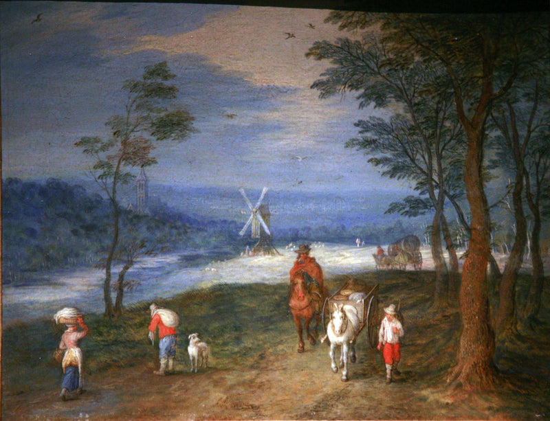 Des paysans sur un chemin, avec un moulin en arrière-plan - Jan Brueghel l'Ancien