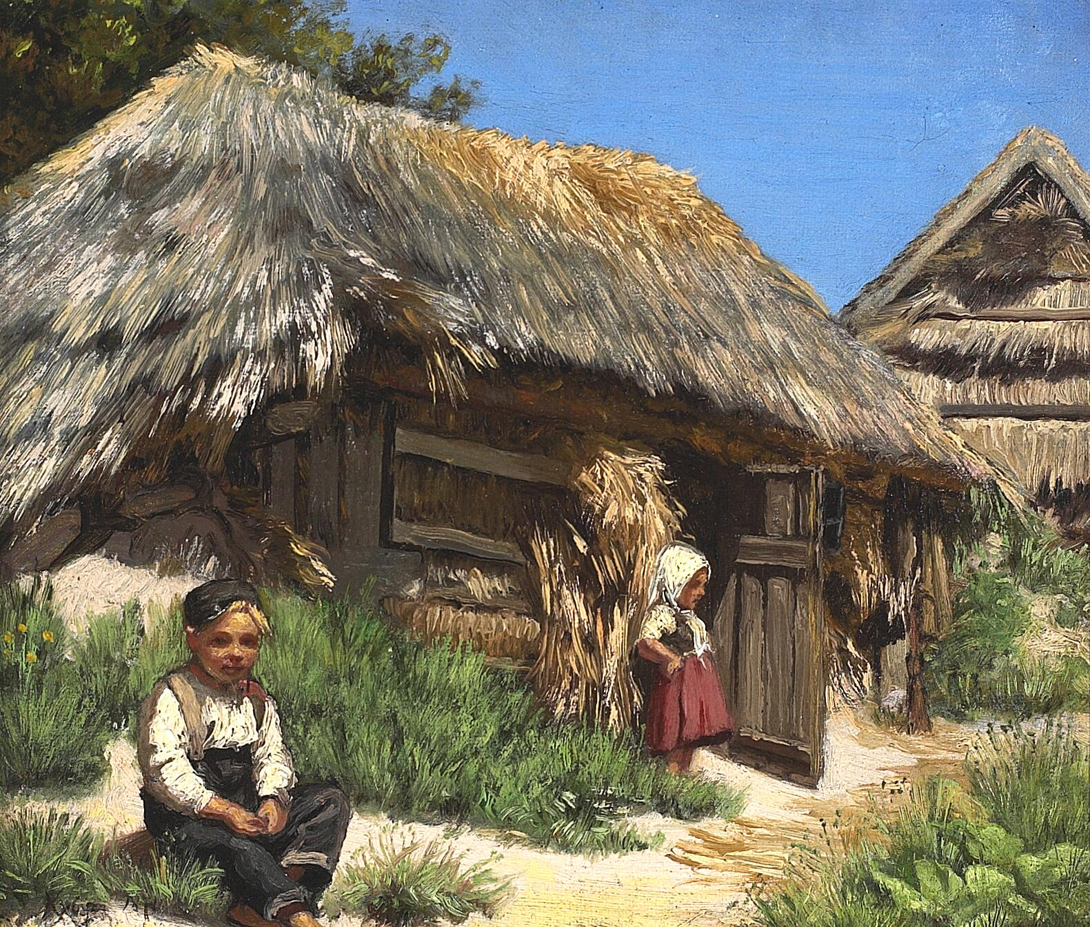 Ein Haus mit Strohdach. Sommertag unter einem blauen und warmen Himmel. Organisiert mit zwei Kindern. - Peder Severin Krøyer