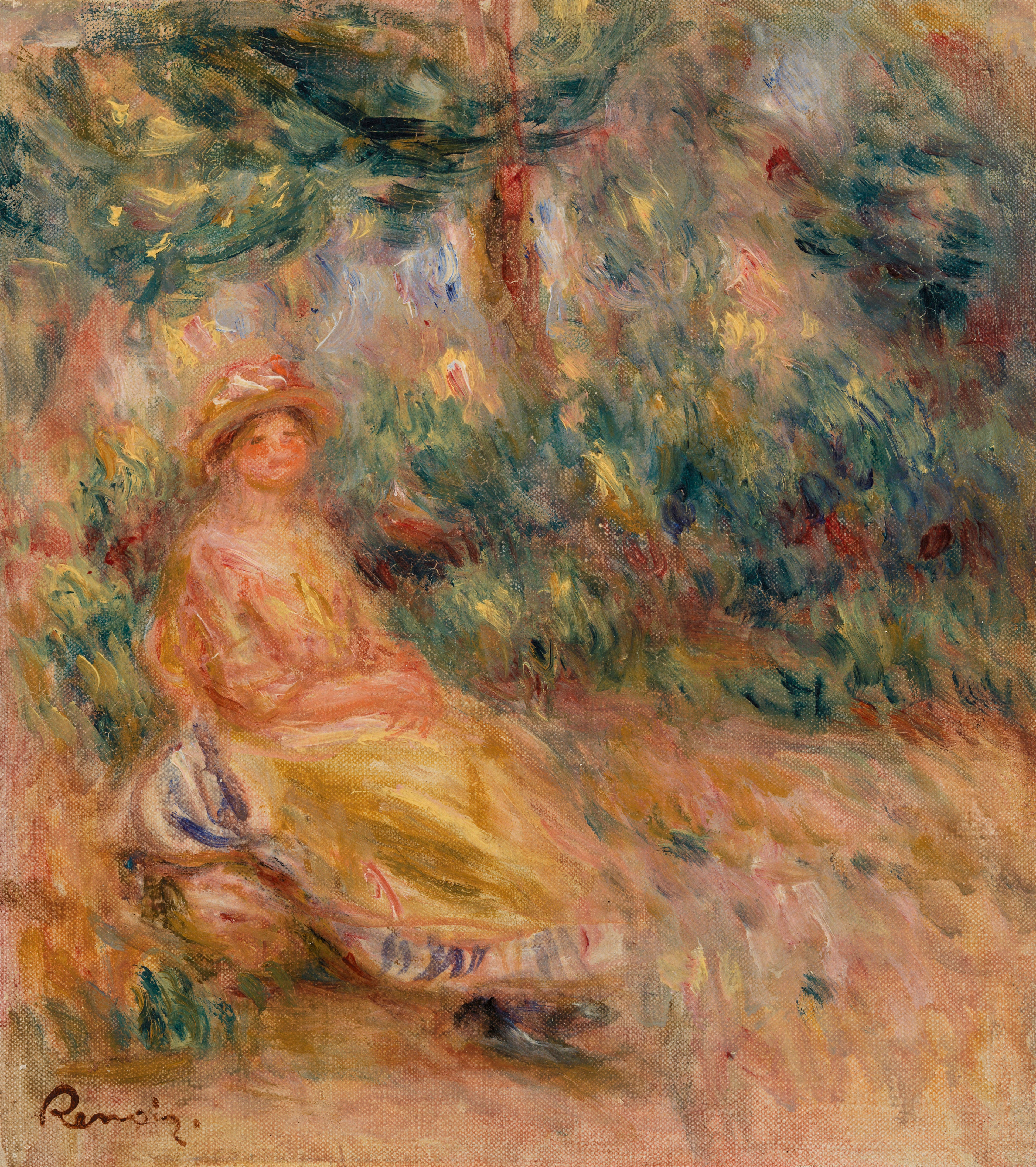 Reproduction du tableau « Femme en rose et jaune dans un paysage - Pierre-Auguste Renoir » par Alpha Reproduction en peinture à l’huile