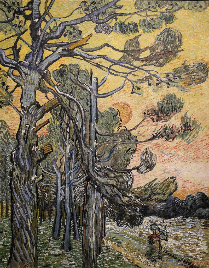 Reißzwecken vor einem roten Himmel mit untergehender Sonne - Vincent van Gogh