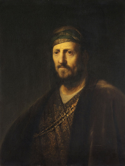 Reproduction du tableau « Buste d'homme en costume oriental - Rembrandt » par Alpha Reproduction en peinture à l’huile