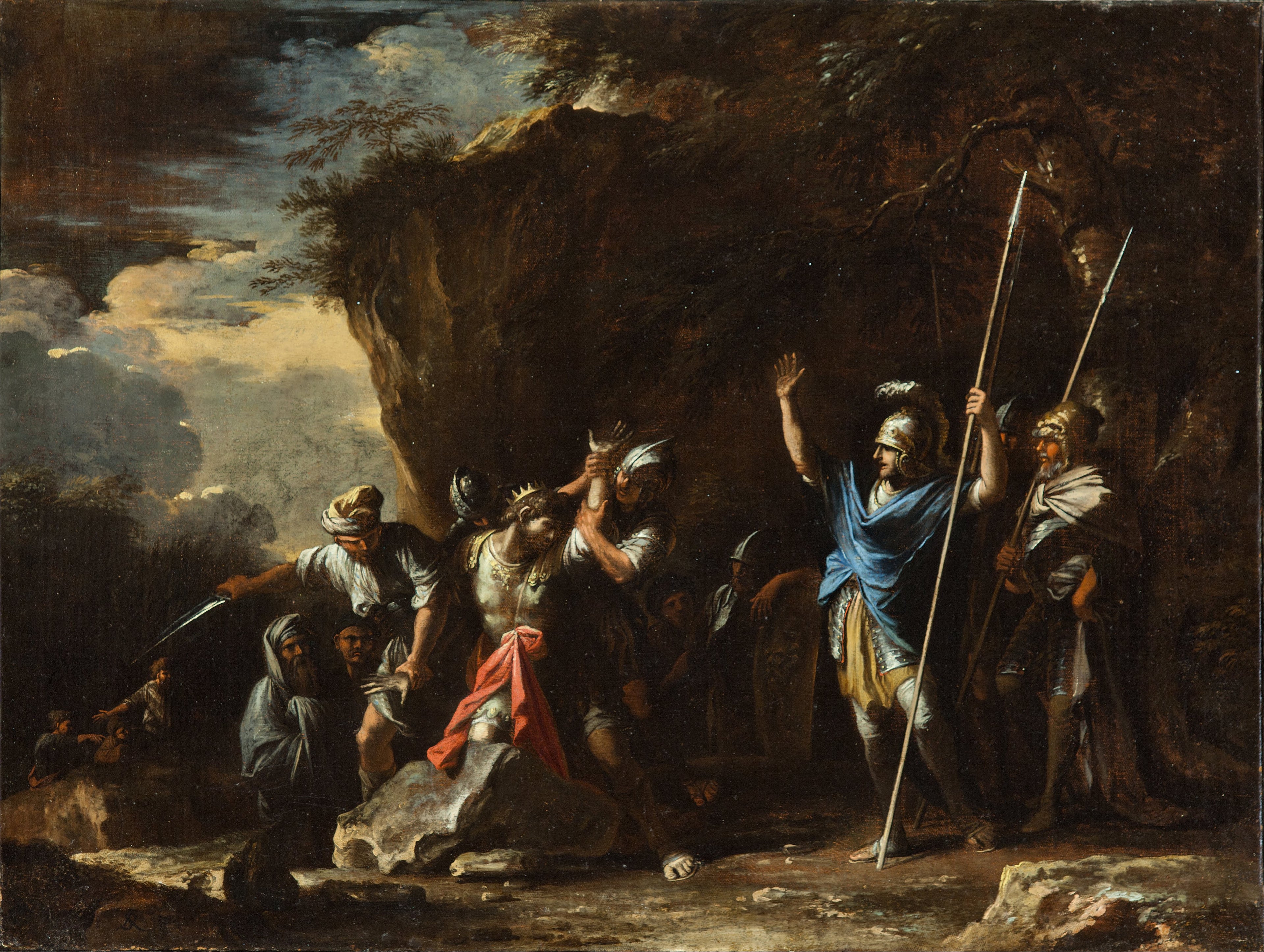 Scène de l'histoire grecque : le fils sourd-muet du roi Crésus empêche les Perses de tuer son père… - Salvator Rosa