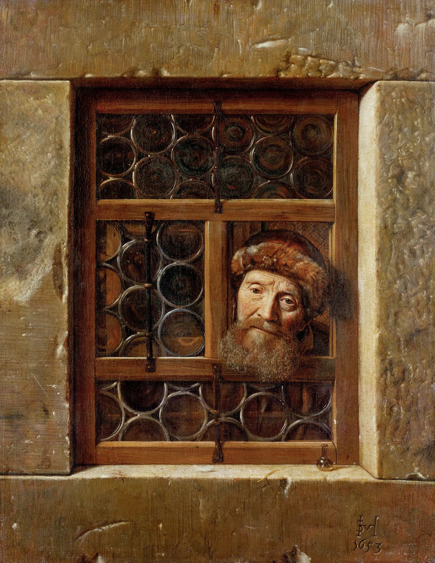 Un vieil homme à la fenêtre - Samuel van Hoogstraten image 1 copie de tableau peinte à la main