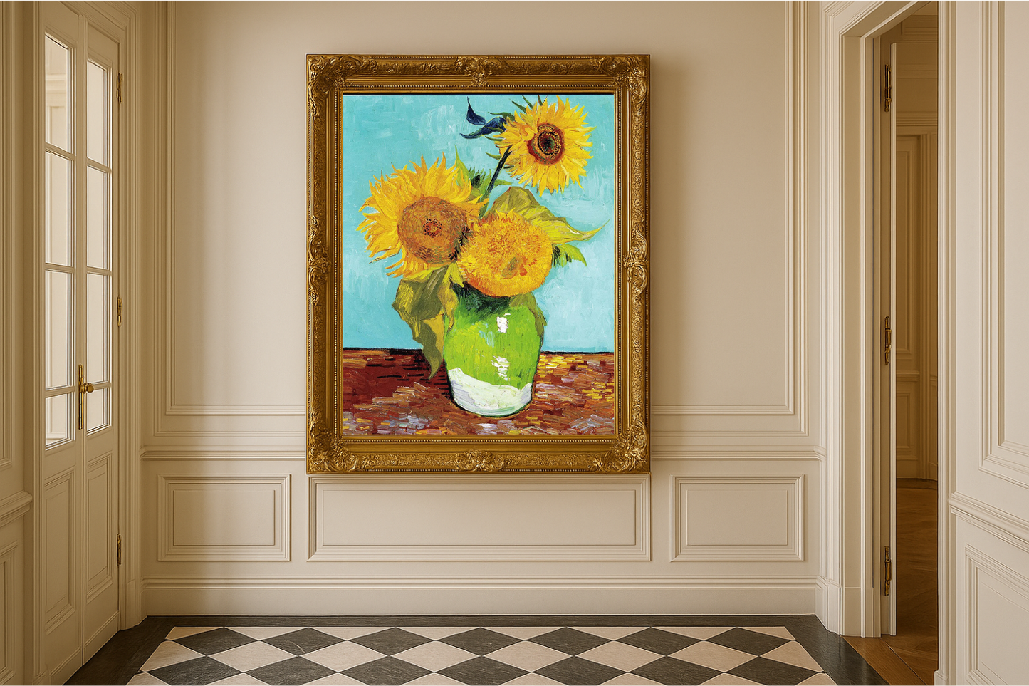 🌻 Sonnenblumen (türkisfarbener Hintergrund) – Vincent van Gogh (1888)