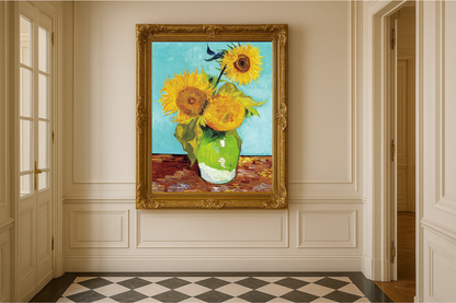 🌻 Sonnenblumen (türkisfarbener Hintergrund) – Vincent van Gogh (1888)