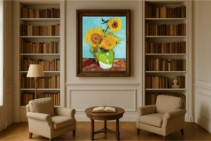 🌻 Sonnenblumen (türkisfarbener Hintergrund) – Vincent van Gogh (1888)