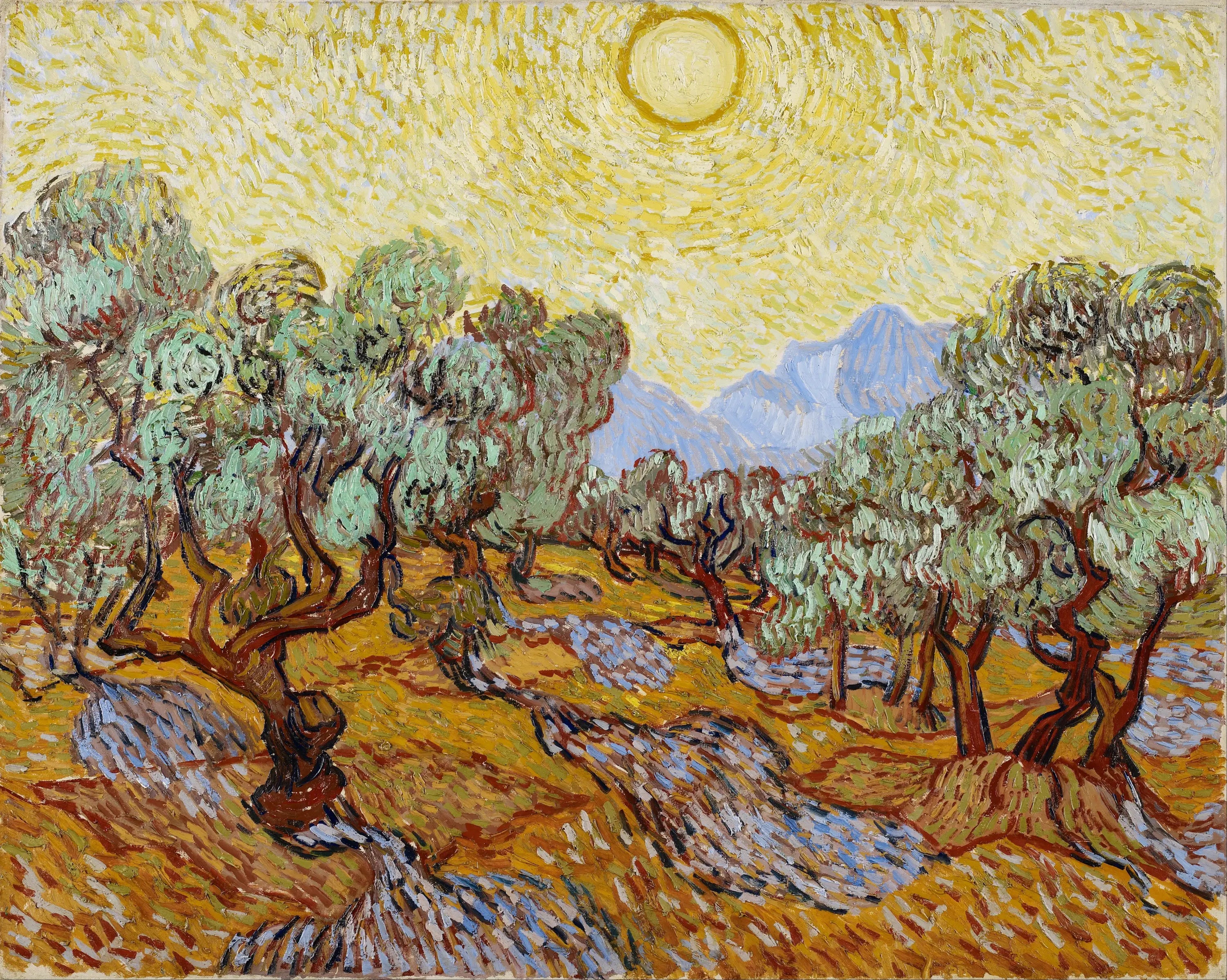 Reproduction du tableau « Oliviers avec ciel jaune et soleil - Vincent van Gogh » par Alpha Reproduction en peinture à l’huile