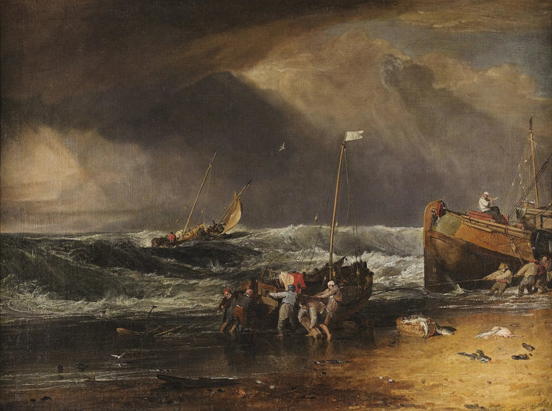 Eine Küstenszene mit Fischern, die ein Boot an Land ziehen - J. M. W. Turner