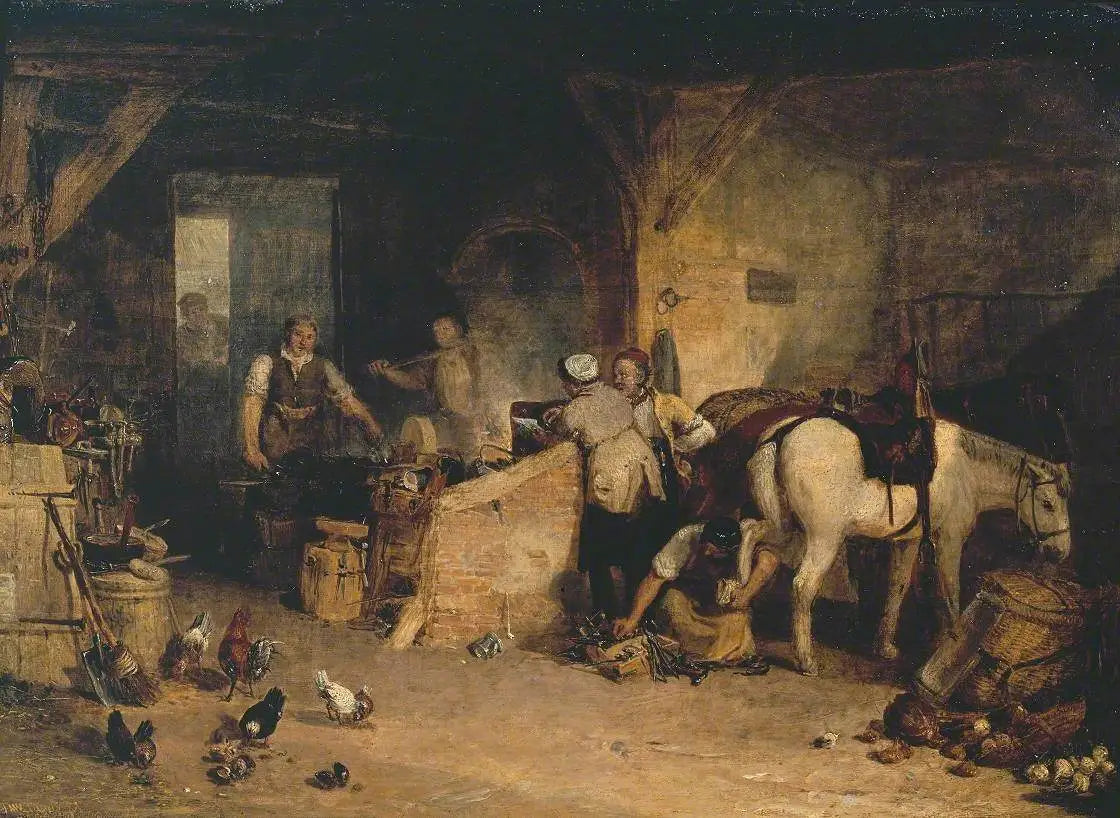 A Country Blacksmith Disputing upon the Price of Iron, and the Price Charged to the Butcher for Shoeing his Poney - J. M. W. Turner image 1 reproduction d’œuvre d’art à l’huile